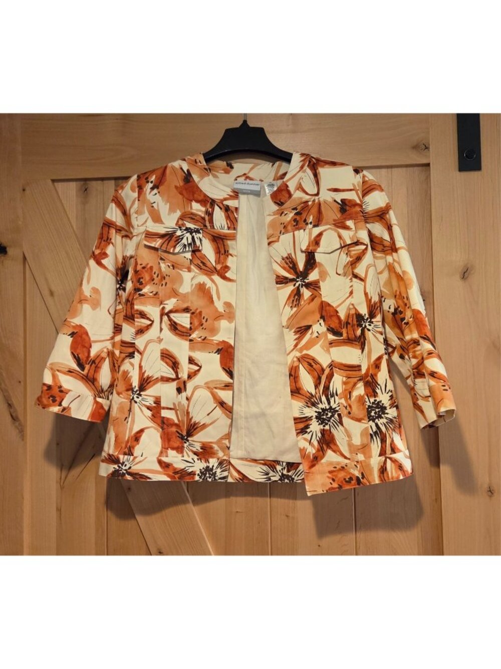 Alfred Dunner Women Sz 6 Petite Floral Open Front Blazer Jacket Orange Lined